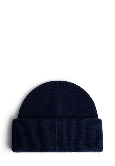 Navy blue knitted beanie with a ribbed texture and cuffed design, featuring a rounded top and smooth edges.