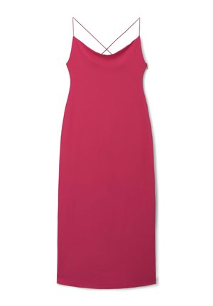 Tailliertes, ärmelloses Kleid in leuchtendem Pink. Glattes Material mit sanftem Glanz. Verfügt über dünne, gekreuzte Träger und einen geraden Saum.