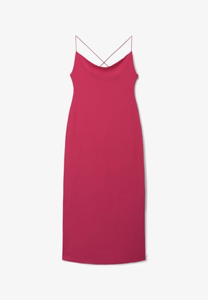 Tailliertes, ärmelloses Kleid in leuchtendem Pink. Glattes Material mit sanftem Glanz. Verfügt über dünne, gekreuzte Träger und einen geraden Saum.