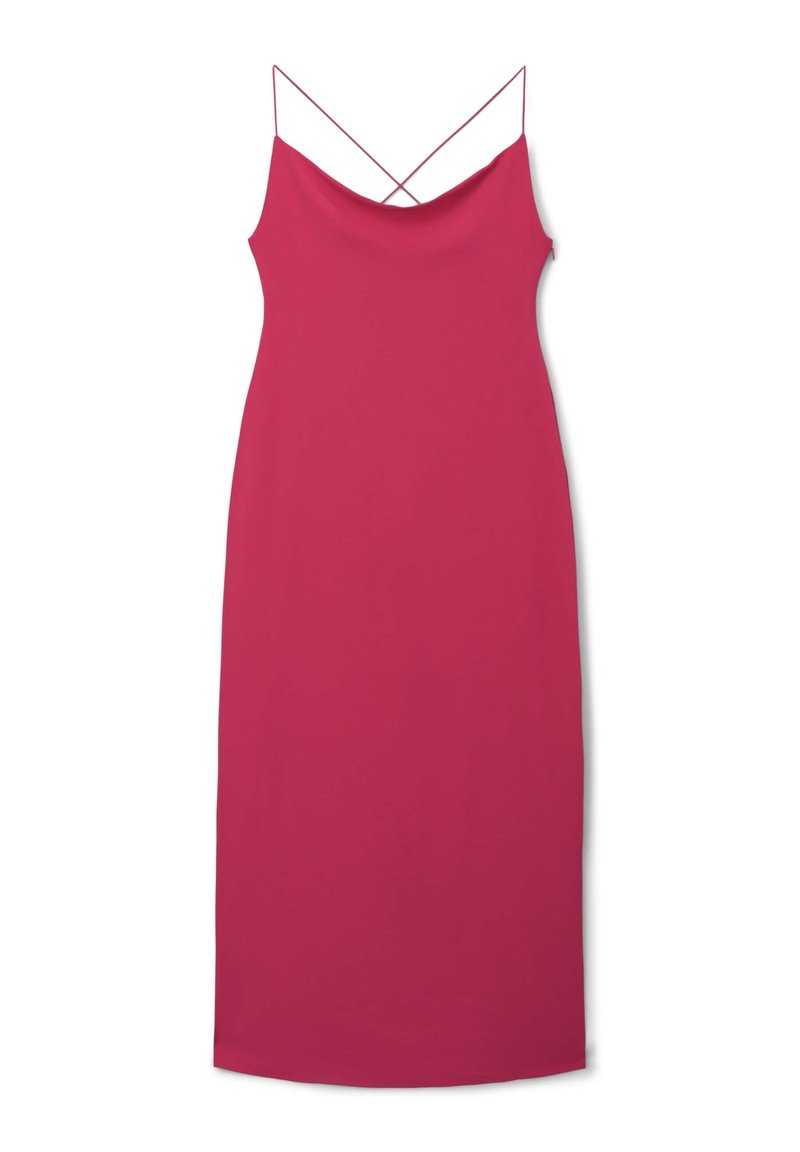 Tailliertes, ärmelloses Kleid in leuchtendem Pink. Glattes Material mit sanftem Glanz. Verfügt über dünne, gekreuzte Träger und einen geraden Saum.