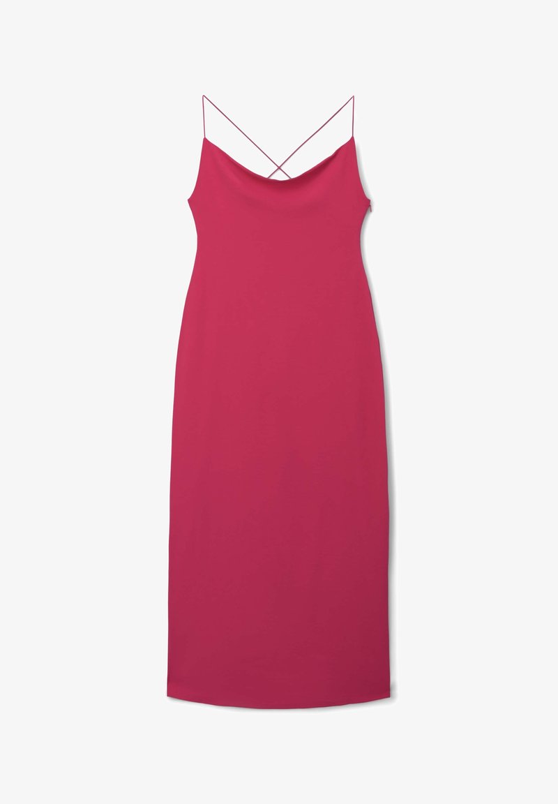 Abito aderente senza maniche di un vivace colore rosa. Tessuto liscio con una leggera lucentezza. Caratterizzato da sottili spalline incrociate e orlo dritto.