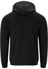 Sweatshirt à capuche noir avec des manches longues, fabriqué en tissu doux en mélange de coton. Présente une texture lisse et des poignets côtelés au niveau de l'ourlet.