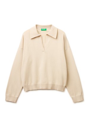 Maglione beige a maniche lunghe in maglia con colletto aperto, polsini e orlo a coste, mostrato su sfondo bianco.