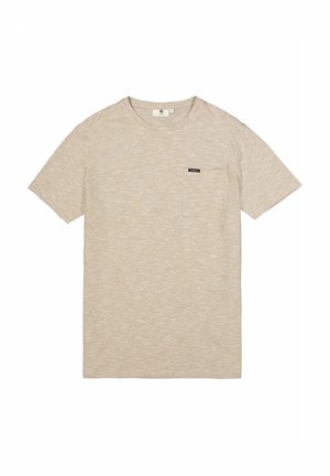 Beige T-shirt met korte mouwen en een ronde hals, voorzien van een subtiele gemêleerde textuur en een klein borstzakje met een zwart label.