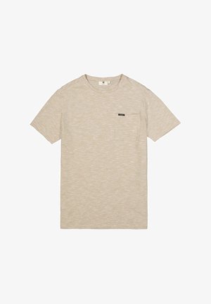 Beige T-shirt met korte mouwen en een ronde hals, voorzien van een subtiele gemêleerde textuur en een klein borstzakje met een zwart label.