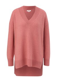 Pull rose à col en V avec texture côtelée. Présente des épaules tombantes et un ourlet arrondi, fabriqué en maille douce.