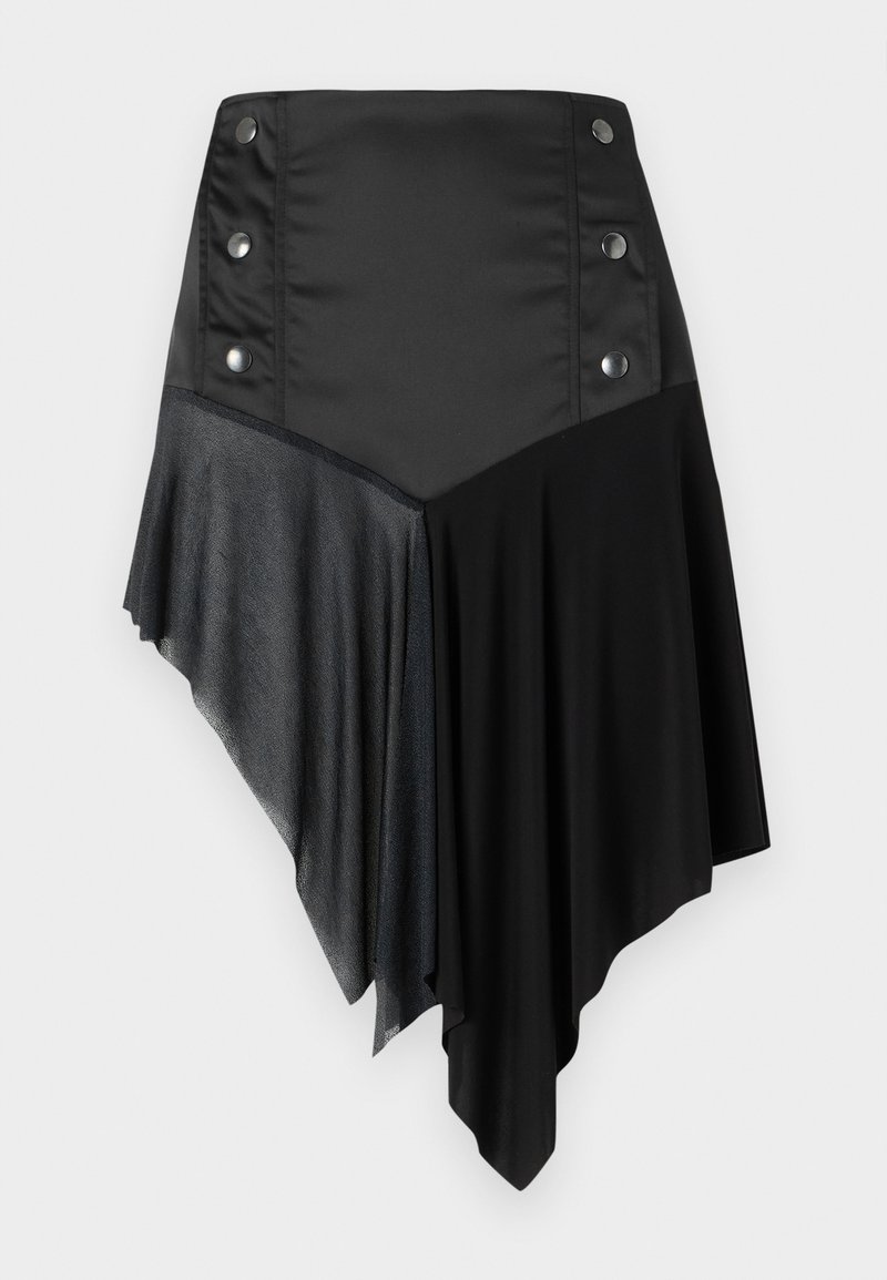 Black asymmetrical skirt featuring a mix of matte and textured fabrics, with silver button details on the waist and a layered hem design.