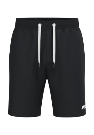 Sortesportsshorts med hvide snore og et lille hvidt logo nederst på højre bukseben foran.