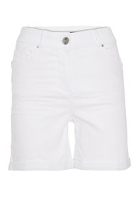 Shorts en denim blanc avec une coupe droite, un ourlet retroussé, des poches avant et une fermeture à bouton argenté à la taille. Texture lisse.