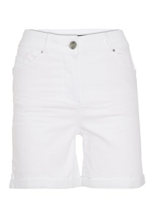 Witte denim korte broek met een rechte snit, opgerolde zoom, zichtbare zakken aan de voorkant en een zilveren knoopsluiting in de taille. Soepele textuur.