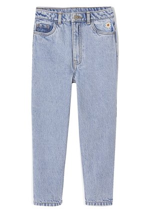 Jasnoniebieskie jeansy z denimu z wysokim stanem, pięcioma kieszeniami, zapinane na guziki oraz z małym, haftowanym białym stokrotką na prawej przedniej kieszeni.