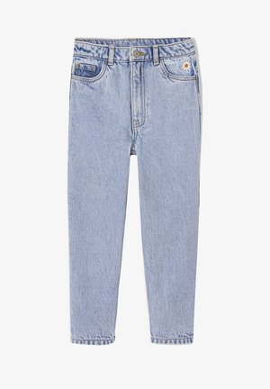 Jasnoniebieskie jeansy z denimu z wysokim stanem, pięcioma kieszeniami, zapinane na guziki oraz z małym, haftowanym białym stokrotką na prawej przedniej kieszeni.
