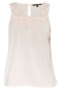 Blusa senza maniche di un rosa chiaro con una yoke in pizzo testurizzato, scollatura rotonda e pieghe sottili. Il tessuto ha una finitura morbida e leggera.
