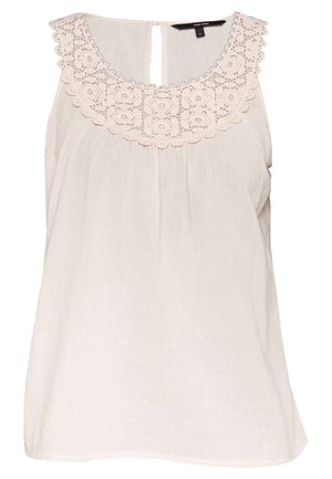 Lyserød ærmeløs bluse med en struktureret blonde yoke, rund halsudskæring og subtile plisseringer. Stoffet har en blød, let finish.