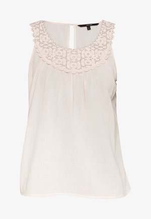 Hellrosa ärmellose Bluse mit einem strukturierten Spitzeneinsatz, rundem Ausschnitt und dezenten Falten. Der Stoff hat ein weiches, leichtes Finish.