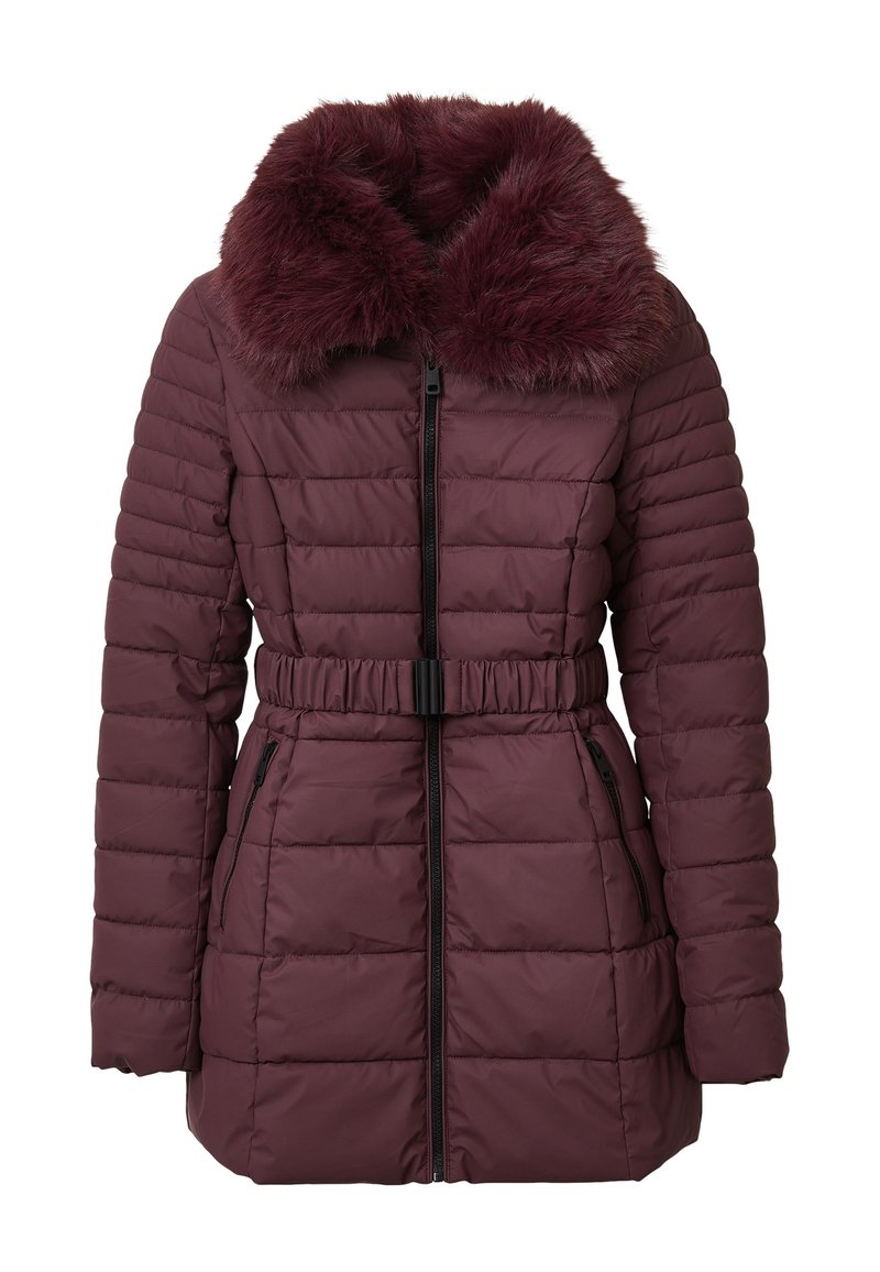 Giubbotto imbottito bordeaux con colletto in pelliccia sintetica, vita con cintura, chiusura a zip e motivo trapuntato. Presenta tasche laterali con zip.