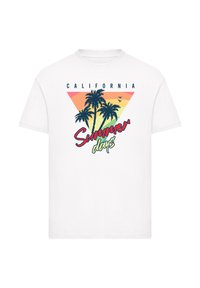 White cotton T-shirt featuring a colorful graphic with palm trees, a triangle design, and the text "California Summer days" in bold lettering.