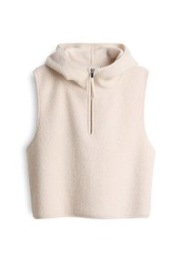 Helle, cremefarbene ärmellose Bluse aus weichem, strukturiertem Fleece mit Kapuze und einem Reißverschluss vorne. Besitzt ein kurzes Design und rohe Kanten.