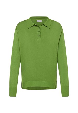 Grüner Langarm-Polo-Pullover mit Kragen, drei-knopfiger Knopfleiste, gerippten Bündchen und Saum sowie einem glatten, strukturierten Strickstoff.