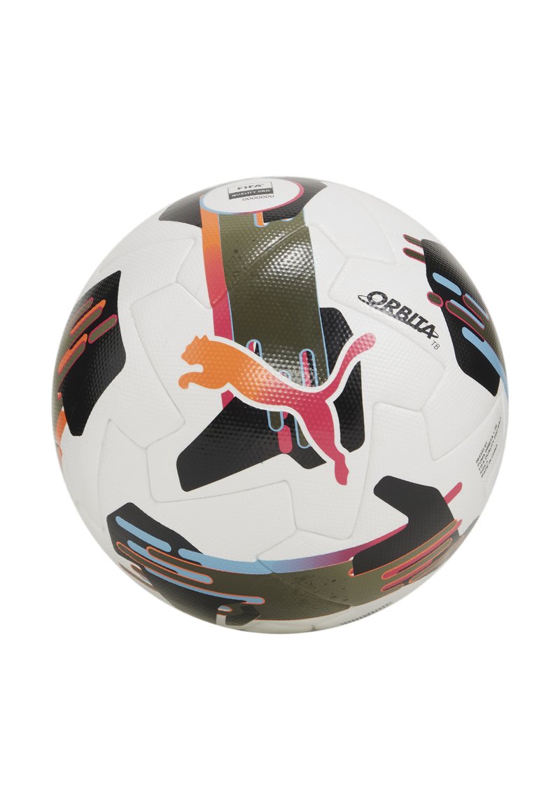 Puma Orbita fodbold med en hvid, struktureret overflade. Har farverige mønstre i orange, sort, teal og pink. FIFA-godkendt design.