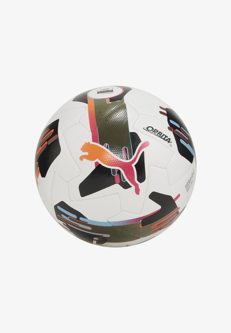 Pallone da calcio Puma Orbita con una superficie bianca e testurizzata. Presenta motivi colorati in arancione, nero, teal e rosa. Design approvato dalla FIFA.