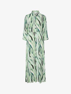 Długa sukienka zapinana na guziki z kołnierzykiem i rękawami 3/4, ozdobiona zielonym, czarnym i białym abstrakcyjnym wzorem w paski.