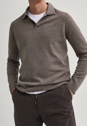 Mand iført en brun, langærmet striktrøje over en hvid skjorte, med mørkebrune bukser og hænderne i lommerne, stående mod en ensfarvet baggrund.