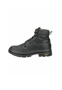 Botas de senderismo negras, impermeables, con cuero texturizado y acentos sintéticos, que cuentan con cordones redondos, un cuello acolchado y una suela de goma con patrón.