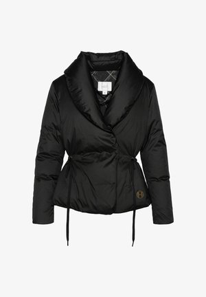 Doudoune noire avec un large col, taille cintrée et cordons élastiques. Présente un logo discret et un motif intérieur matelassé.