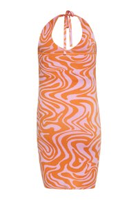 Rochie cu gâtica tip halter, având un model abstract în nuanțe de portocaliu și roz. Design aderent cu închidere prin legare la spate. Material elastic.