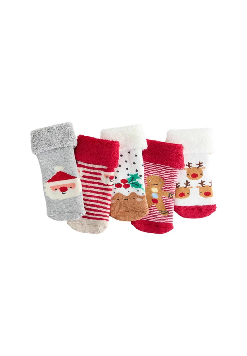 Fünf Paar urlaubs- und festlich gestalteter Socken: grau mit Santa, rot gestreift, weiß mit Punkten, braun mit Lebkuchen und weiß mit Rentier-Muster.