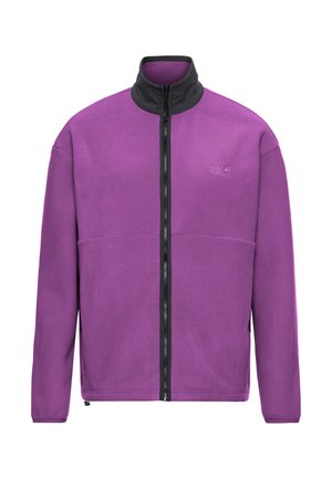 Veste en polaire violet vif avec un col montant noir et une fermeture éclair intégrale, dotée d'un design épuré et d'un marquage discret.