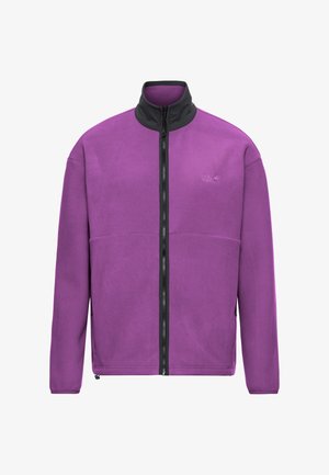 Fleecevest in levendig paars met een zwarte hoge kraag en een ritssluiting over de volledige lengte, met een gestroomlijnd ontwerp en subtiele branding.