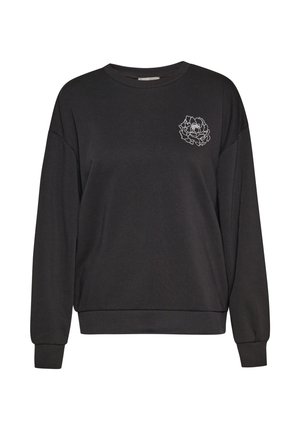 Mustahdud svart tröja med långa ärmar, ribbad krage och manschetter, med vit blomsterbroderi på vänster sida. Mjuk, texturerad tyg.