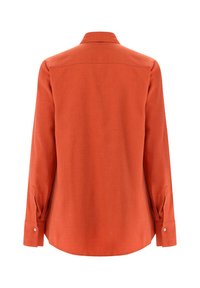 Rust-colored, long-sleeve shirt with a collar, made of a smooth fabric, featuring buttoned cuffs and a curved hem. Back view displayed.