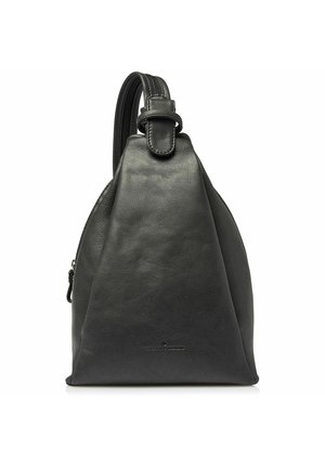 Schwarze Lederhandtasche mit dreieckiger Form, Reißverschluss oben und verstellbarem Tragegurt. Mit dezentem Logo und glatter, strukturierten Oberfläche.