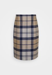 Kokerrok tot op de knie in een geruit patroon van tan, beige en marineblauw met een gladde textuur en een aansluitend ontwerp. Voorzien van zijplooien en een discrete sluiting.