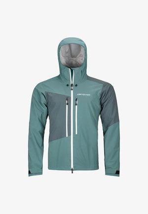 Lightweight teal and gray weatherproof jacket with a hood, featuring front zippers, contrasting panels, and adjustable cuffs.