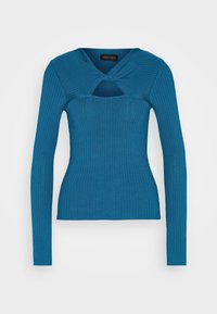 Maglione a maniche lunghe a coste in teal con un design unico con scollatura a taglio. Realizzato in un tessuto elasticizzato, presenta una silhouette aderente.