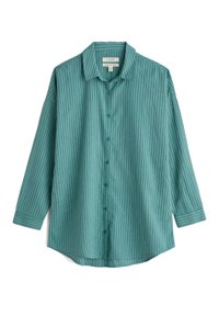 Turquoise overhemd met knopen en verticale witte strepen, met een kraag, lange mouwen, een gebogen zoom en bijpassende knopen. Gladde stofstructuur.