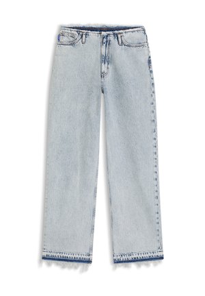 Šviesiai mėlynos spalvos plačios kojų kelnės iš džinso su aukštu liemeniu, užsegamos mygtuku ir užtrauktuku, su priekinėmis kišenėmis ir nutrintais kraštais.