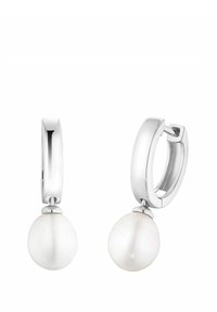 Vita pärlor hängande örhängen med en polerad silverringdesign. Har en slät yta och rundad form, vilket uppvisar en enkel, elegant stil.