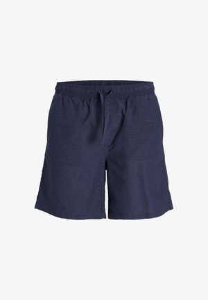 Mākslīgā zila lina shorti ar elastīgu jostu un auklu, ar divām sānu kabatām un gludu tekstūru. Vienkāršs, funkcionāls dizains.