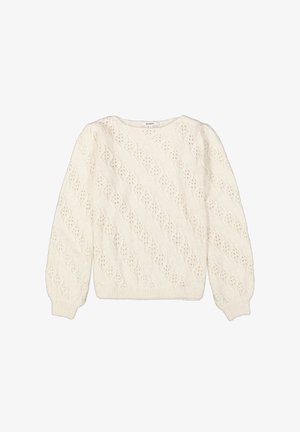 Weißer, gestrickter Pullover mit einem strukturierten Rautenmuster, Rundhalsausschnitt und langen Ärmeln mit Rippbündchen und -saum.