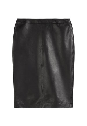 Schwarze Leder-Bleistiftrock mit glatter Textur, knielangem Design und subtiler Schimmer. Verfügt über eine mittige Naht hinten und einen sauberen Bund.