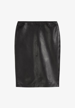 Schwarze Leder-Bleistiftrock mit glatter Textur, knielangem Design und subtiler Schimmer. Verfügt über eine mittige Naht hinten und einen sauberen Bund.