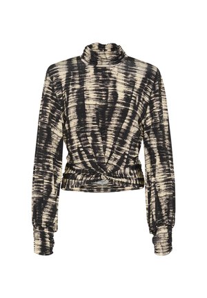 Maglione a maniche lunghe nero e beige con design a collo alto e frontale attorcigliato, realizzato in un tessuto morbido e testurizzato, con una silhouette aderente.