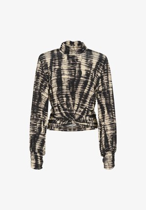 Melnā un beigu krāsas garenām piedurknēm kakla izgriezuma krekls ar pagriezta priekšpuse dizainu, kas izgatavots no mīksta, teksturēta auduma un ar pieguļošu siluetu.