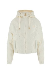 Padded, cream-colored hooded jacket with a front zipper. Features embossed floral patterns and elastic cuffs for a snug fit.