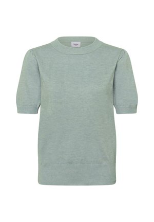 Pull tricoté vert clair à manches courtes avec manches bouffantes et encolure, poignets et ourlet côtelés, étiqueté "Saint" sur le col.